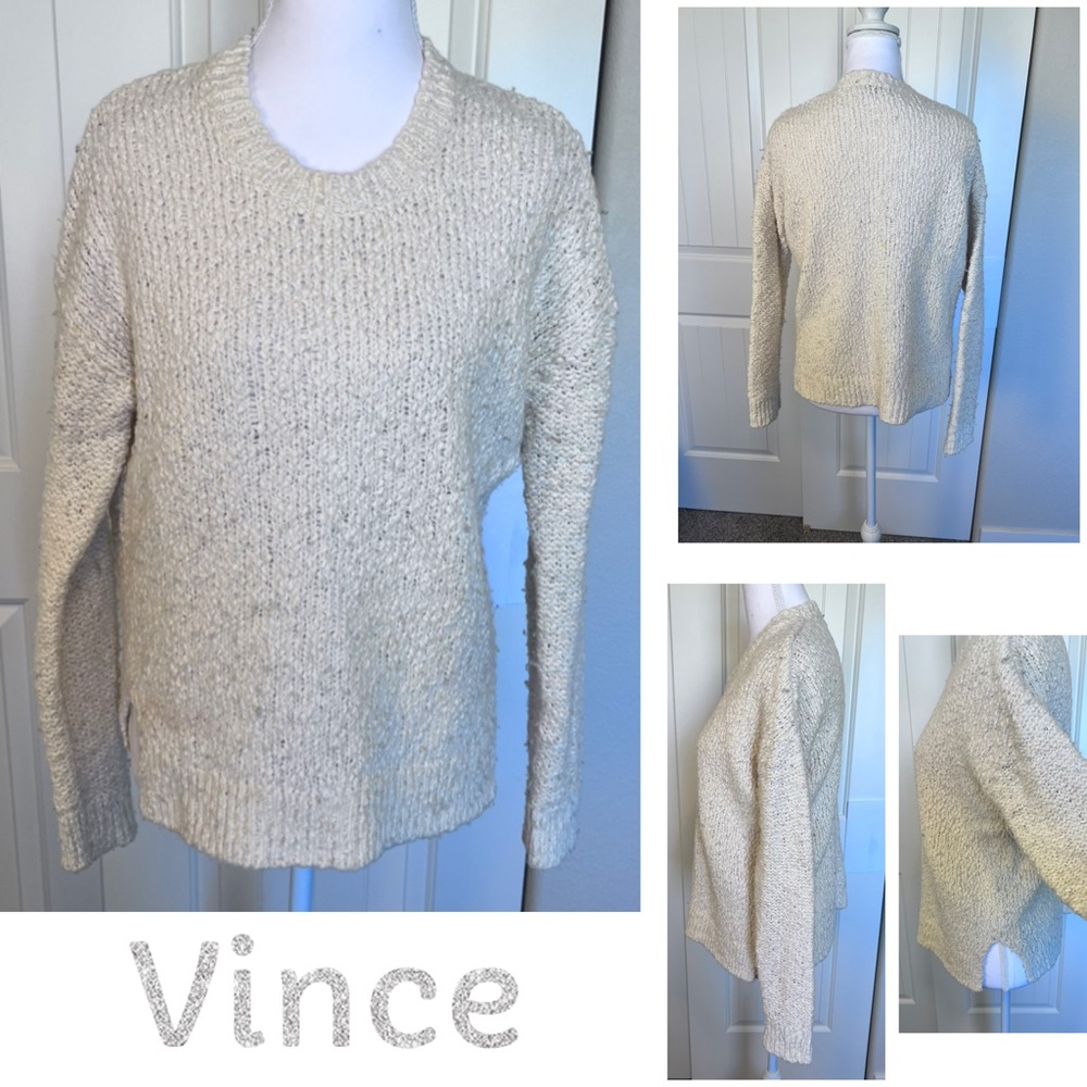 Vince Textured Marled Vanilla Cream Crewneck Sweater Double slit Sz Small